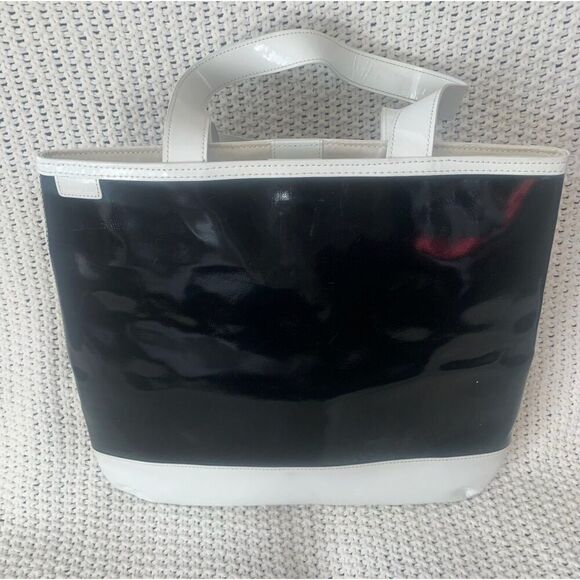 Lands End Patent Leather Mod Tote Bag Black w/White Snap Close Top Cotton Lining - Picture 2 of 16